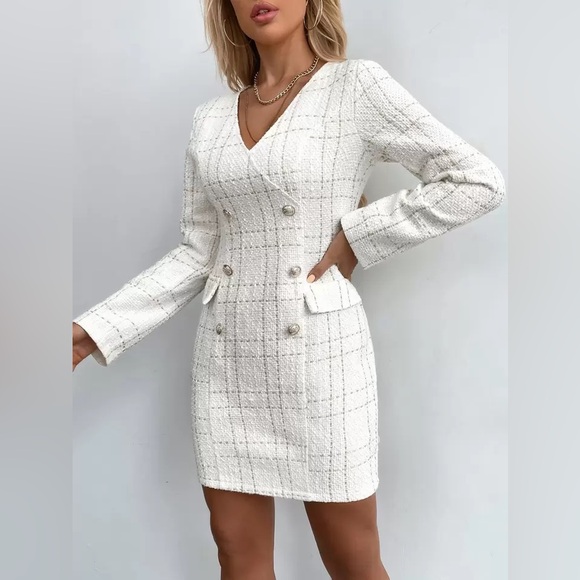 New  White Gold Tweed Dress Long Sleeve Ornamental Buttons Back Zip S - Picture 7 of 14